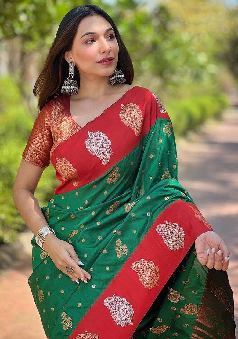 Green Zari Woven Soft Silk Saree Set - Indya