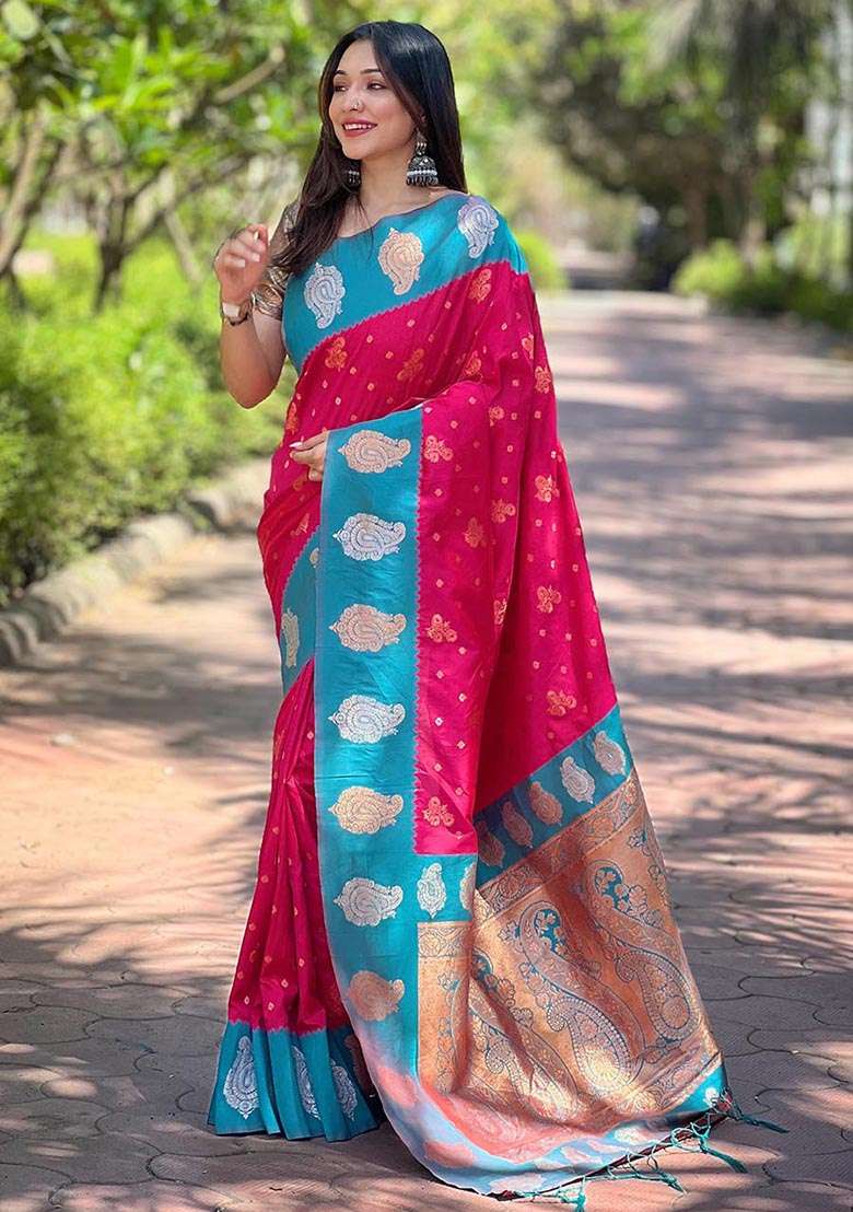 Pink Zari Woven Soft Silk Saree Set - Indya