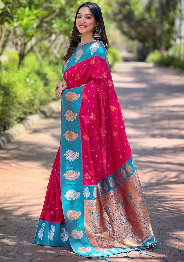 Pink Zari Woven Soft Silk Saree Set - Indya
