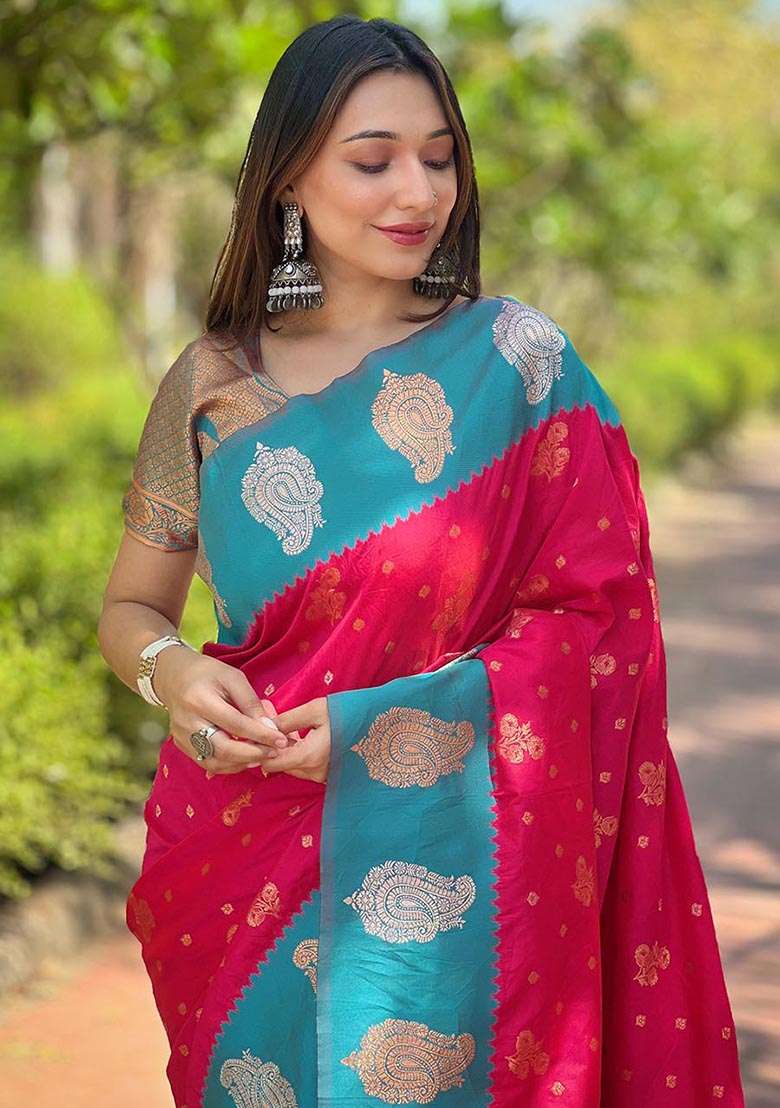 Pink Zari Woven Soft Silk Saree Set - Indya