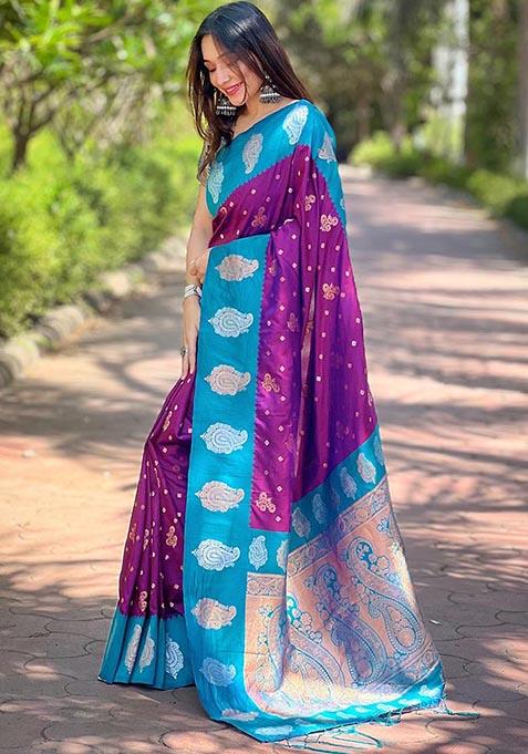 Purple Zari Woven Soft Silk Saree Set