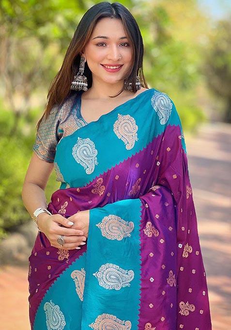 Purple Zari Woven Soft Silk Saree Set
