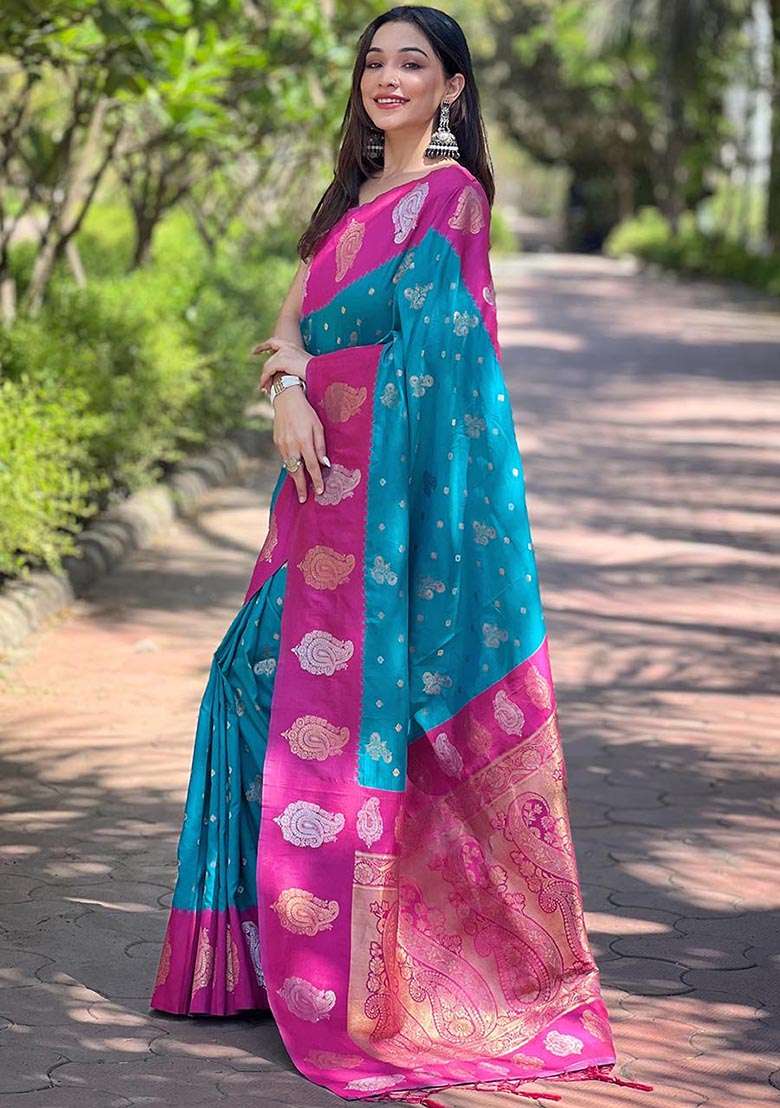 Blue Zari Woven Soft Silk Saree Set - Indya