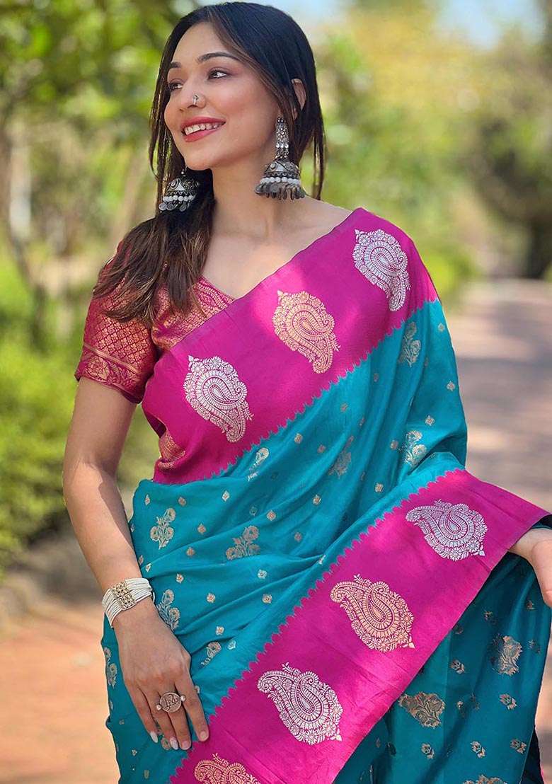 Blue Zari Woven Soft Silk Saree Set - Indya