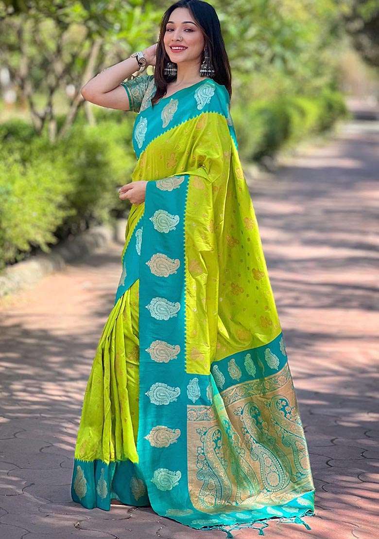 Green Zari Woven Soft Silk Saree Set - Indya