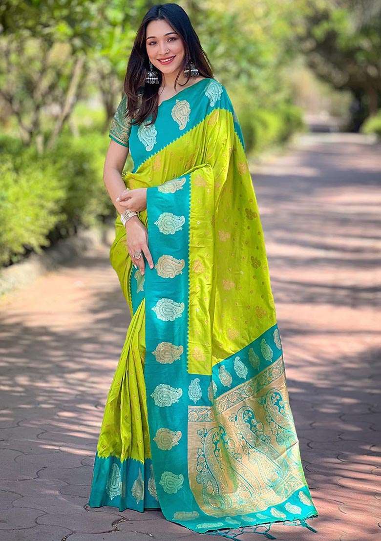 Green Zari Woven Soft Silk Saree Set - Indya