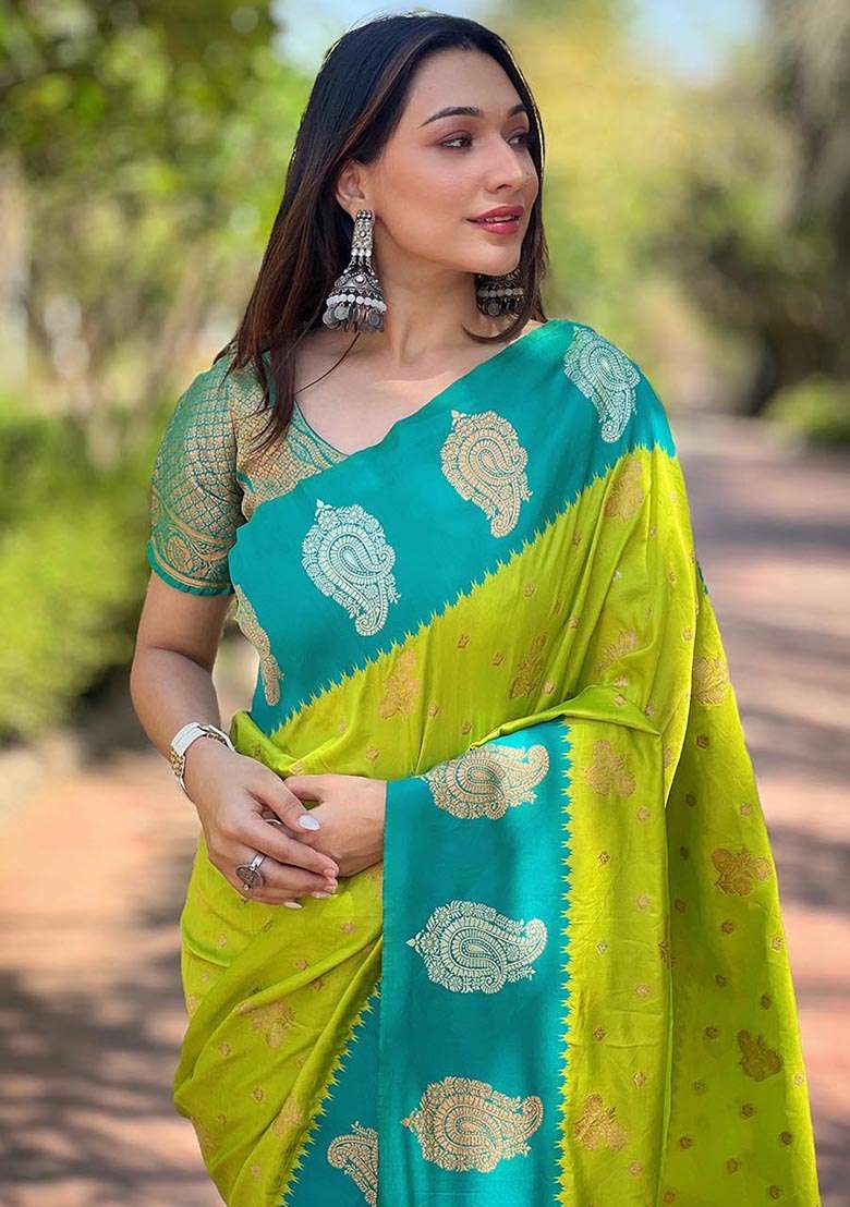 Green Zari Woven Soft Silk Saree Set - Indya