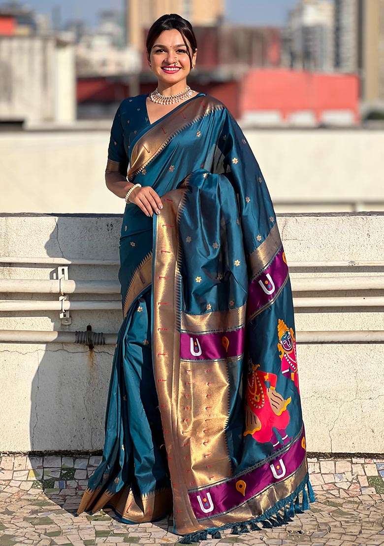Navy Blue Zari Woven Soft Silk Saree Set - Indya