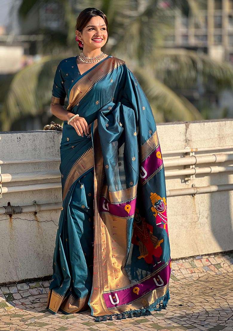 Navy Blue Zari Woven Soft Silk Saree Set - Indya