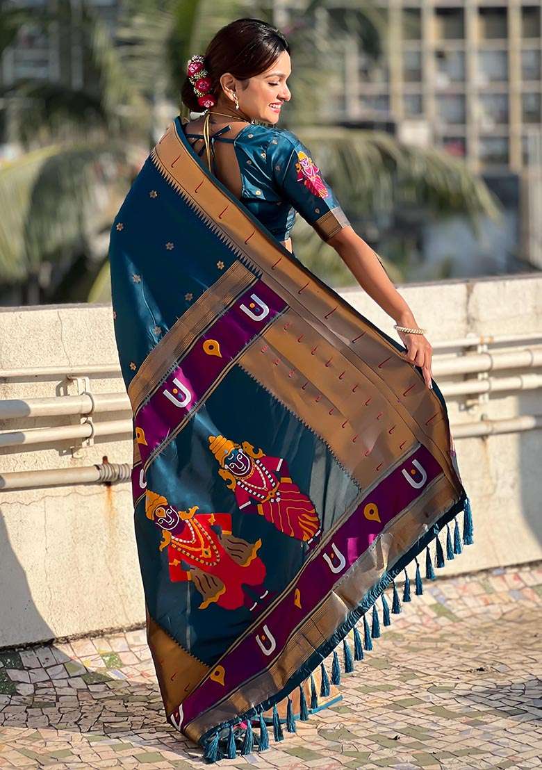 Navy Blue Zari Woven Soft Silk Saree Set - Indya