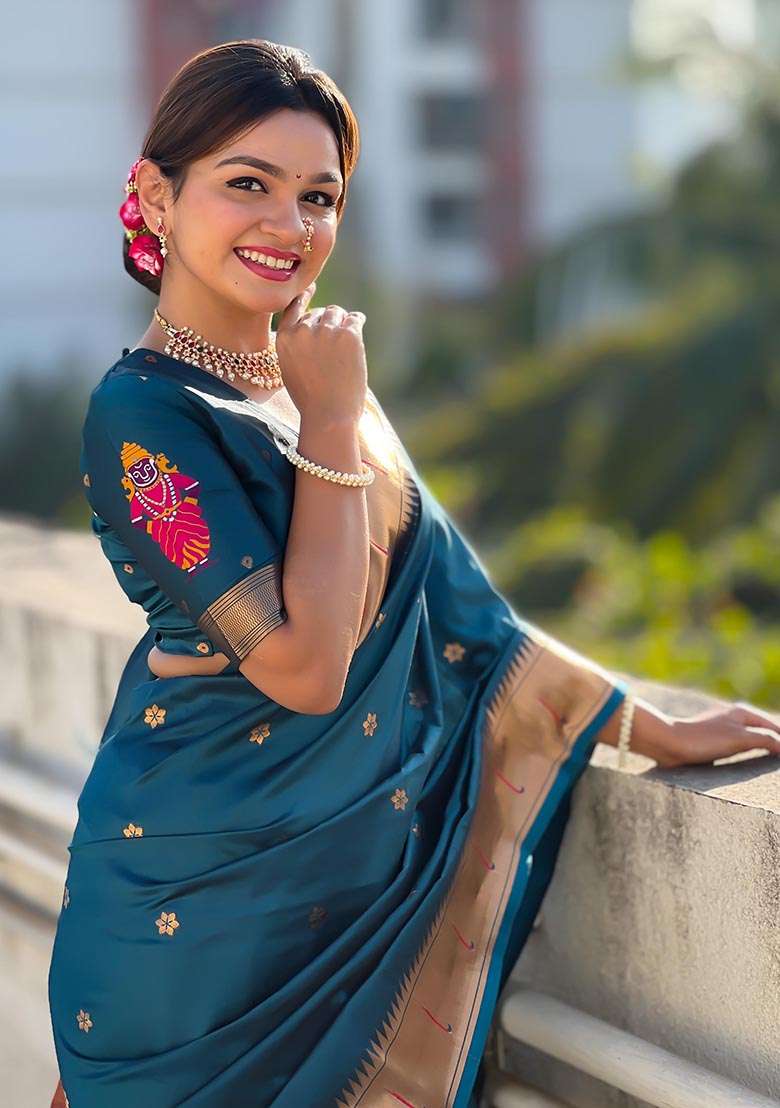 Navy Blue Zari Woven Soft Silk Saree Set - Indya