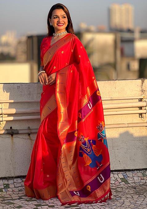 Red Zari Woven Soft Silk Saree Set