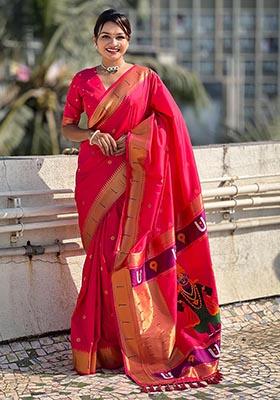 Pink Zari Woven Soft Silk Saree Set