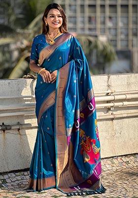 Blue Zari Woven Soft Silk Saree Set