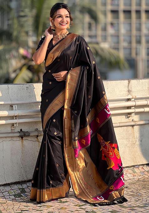 Black Zari Woven Soft Silk Saree Set