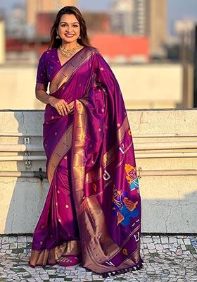Purple Zari Woven Soft Silk Saree Set