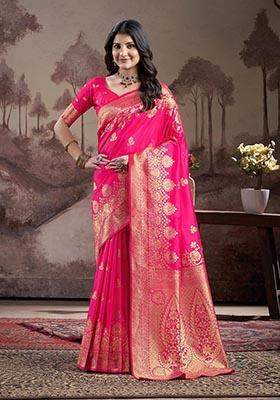 Pink Zari Woven Lichi Silk Saree Set