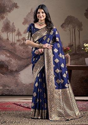 Navy Blue Zari Woven Lichi Silk Saree Set