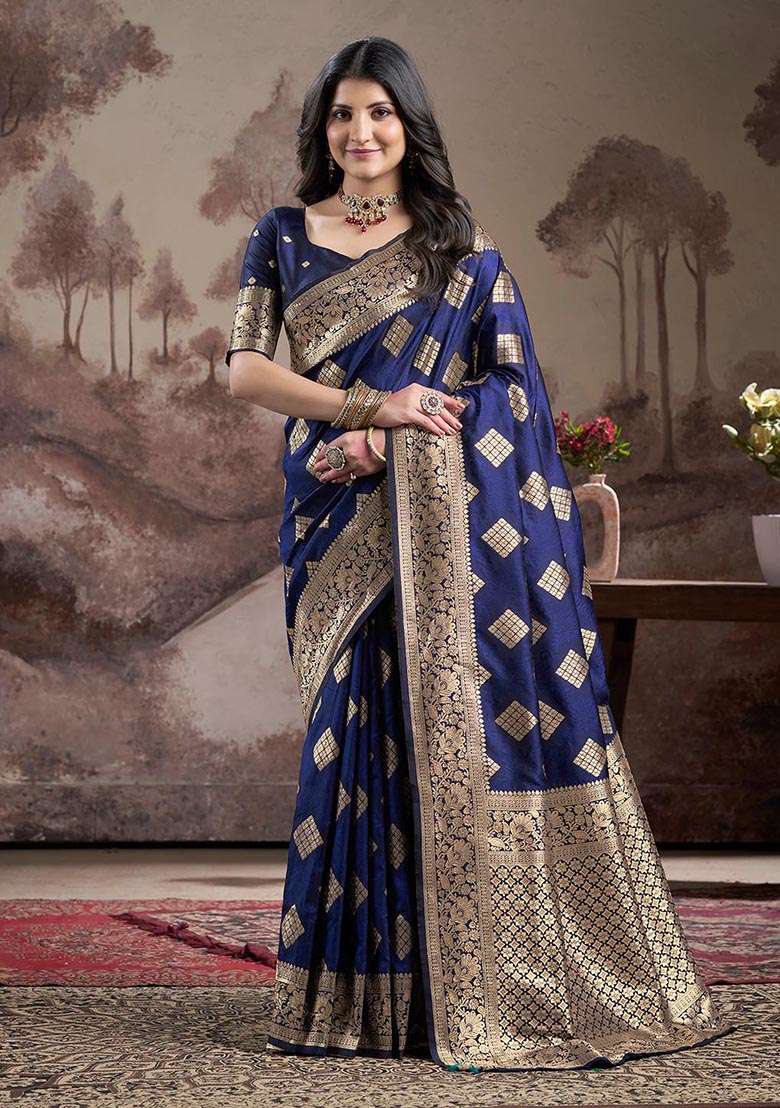 Navy Blue Zari Woven Lichi Silk Saree Set - Indya