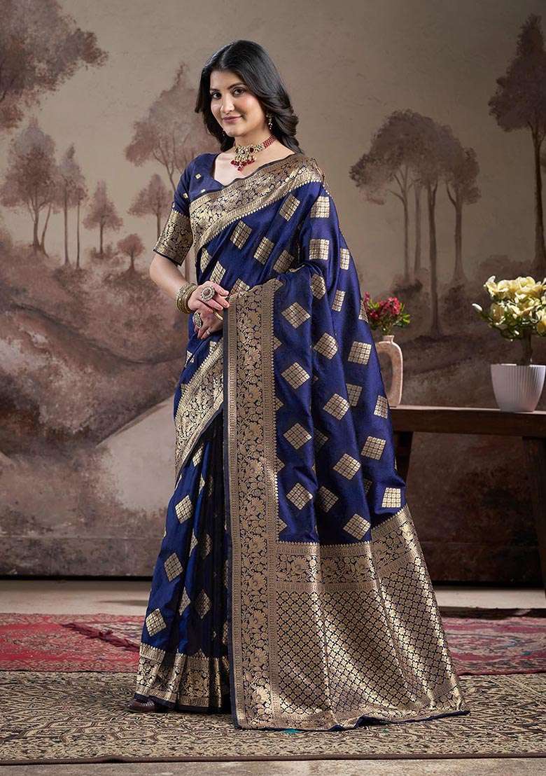 Navy Blue Zari Woven Lichi Silk Saree Set - Indya