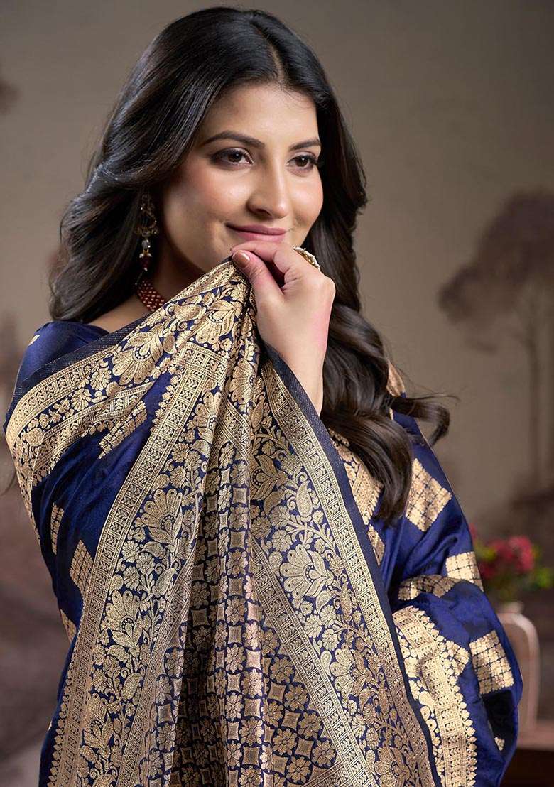 Navy Blue Zari Woven Lichi Silk Saree Set - Indya