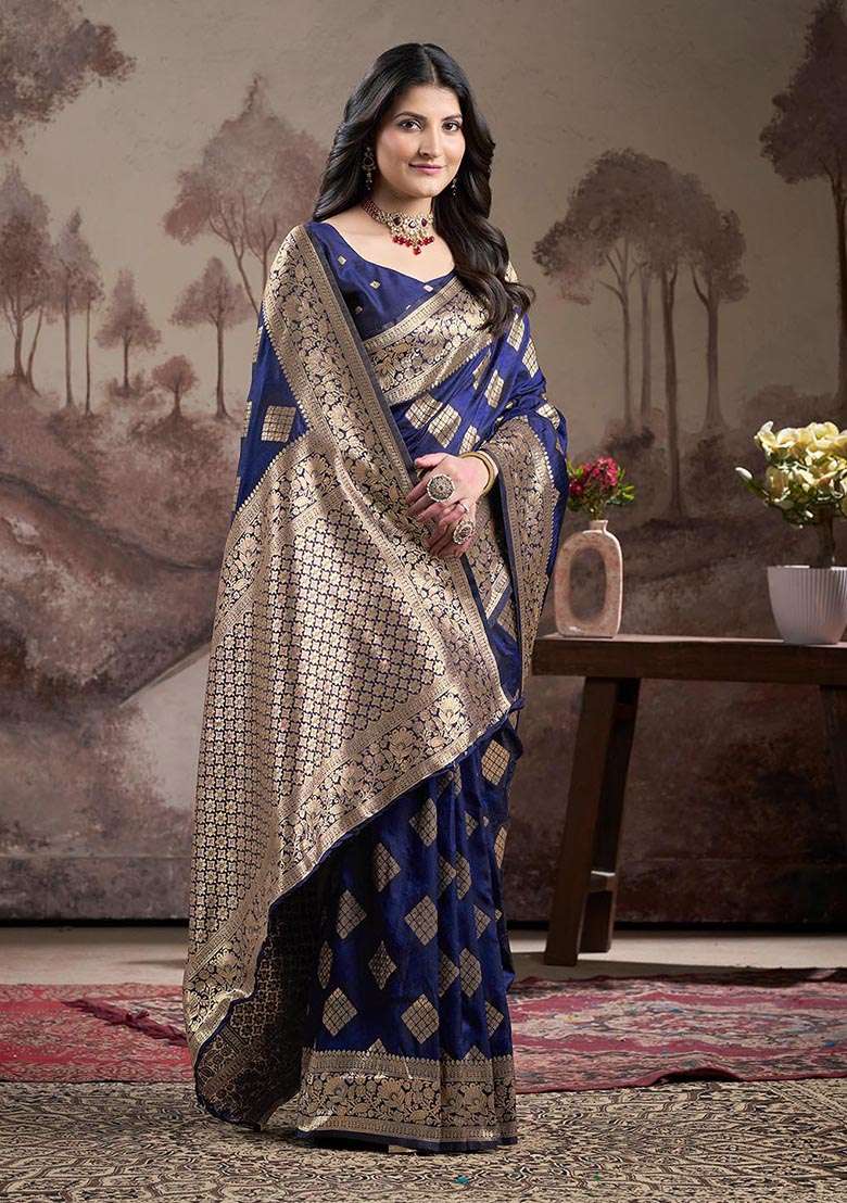 Navy Blue Zari Woven Lichi Silk Saree Set - Indya