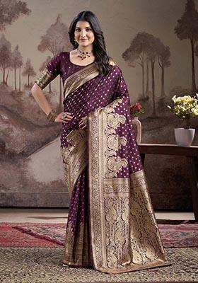Wine Zari Woven Lichi Silk Saree Set