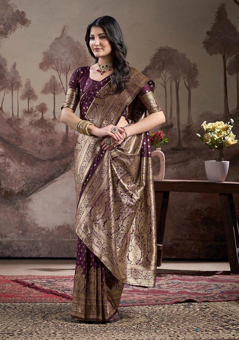 Wine Zari Woven Lichi Silk Saree Set