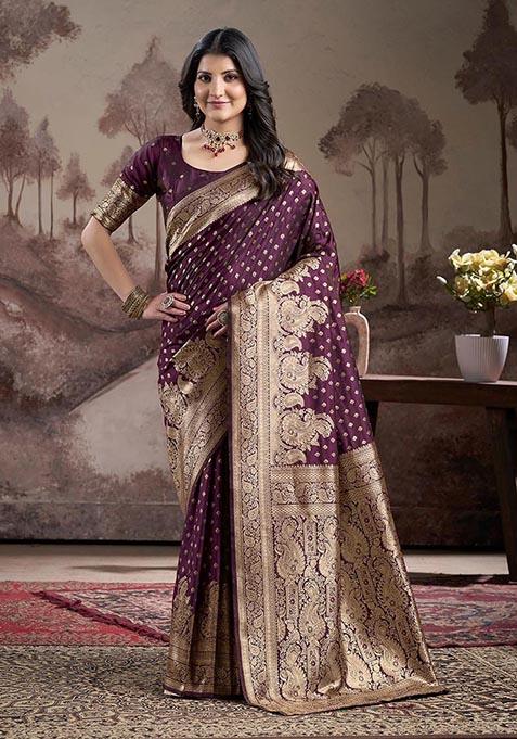 Wine Zari Woven Lichi Silk Saree Set