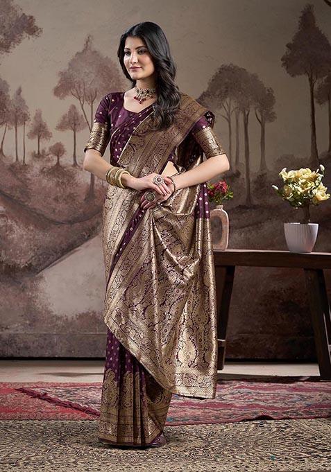Wine Zari Woven Lichi Silk Saree Set