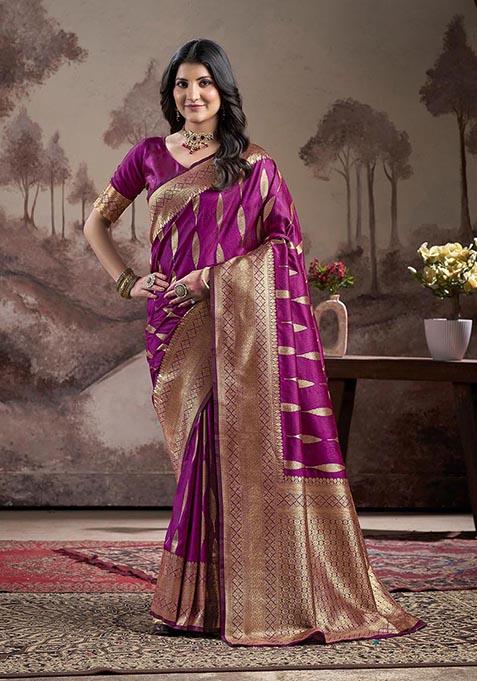 Purple Zari Woven Lichi Silk Saree Set