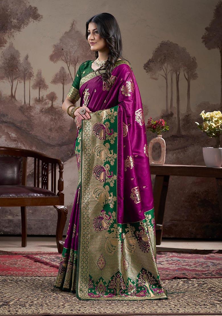 Purple Zari Woven Lichi Silk Saree Set