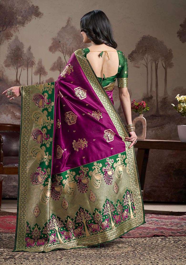 Purple Zari Woven Lichi Silk Saree Set - Indya