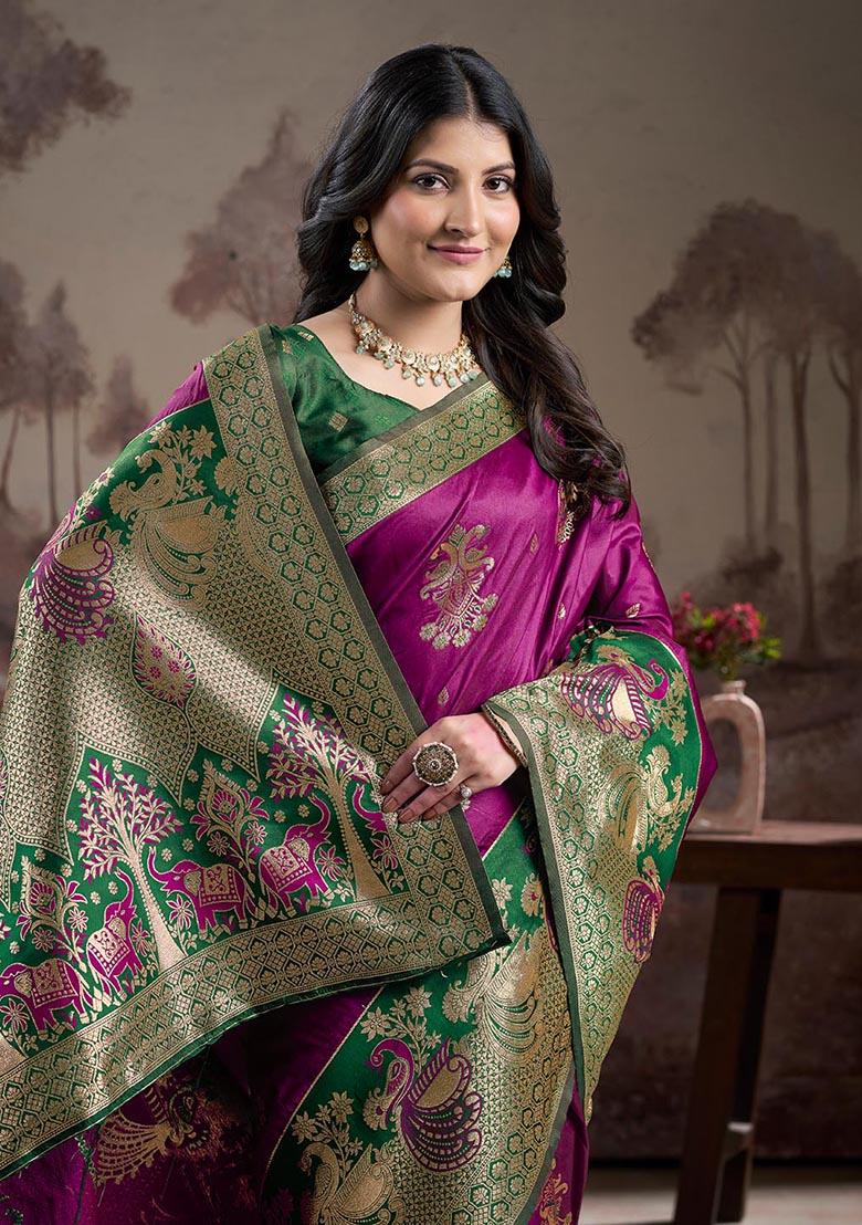 Purple Zari Woven Lichi Silk Saree Set