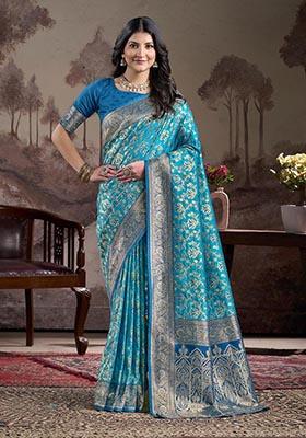 Blue Zari Woven Lichi Silk Saree Set