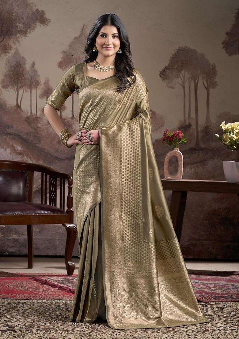 Green Zari Woven Lichi Silk Saree Set - Indya