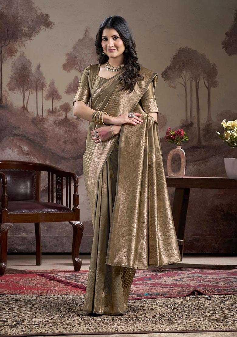 Green Zari Woven Lichi Silk Saree Set - Indya