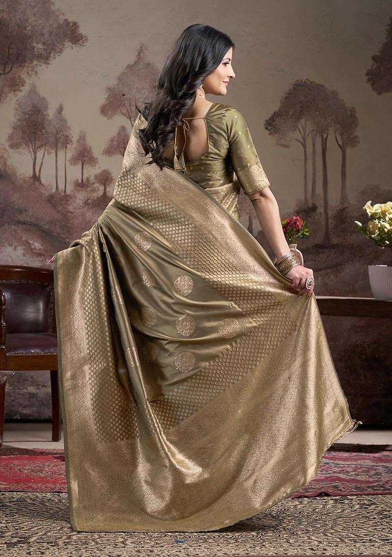 Green Zari Woven Lichi Silk Saree Set - Indya