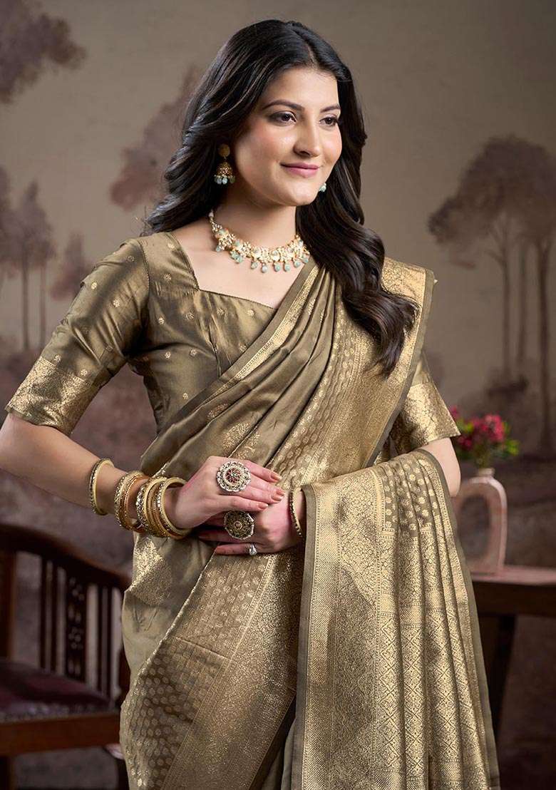 Green Zari Woven Lichi Silk Saree Set - Indya