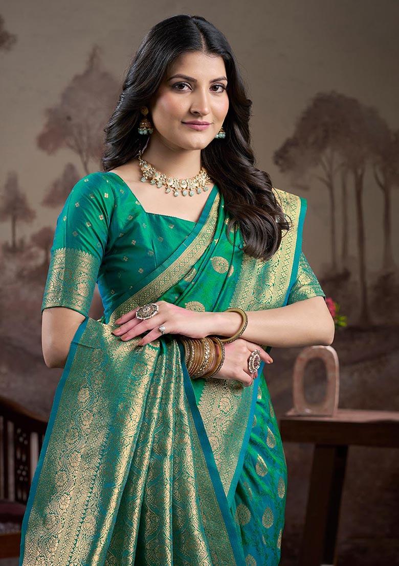Sea Green Zari Woven Lichi Silk Saree Set
