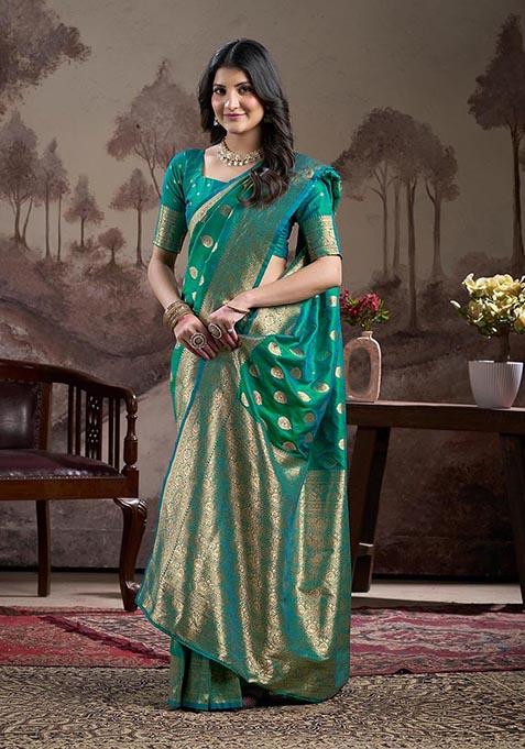 Sea Green Zari Woven Lichi Silk Saree Set