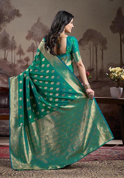 Sea Green Zari Woven Lichi Silk Saree Set