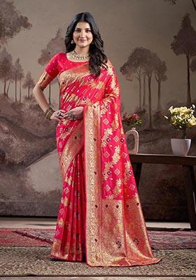 Red Zari Woven Lichi Silk Saree Set