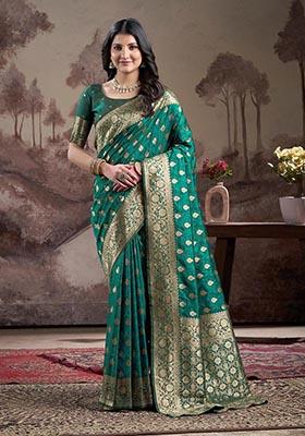 Rama Blue Zari Woven Lichi Silk Saree Set