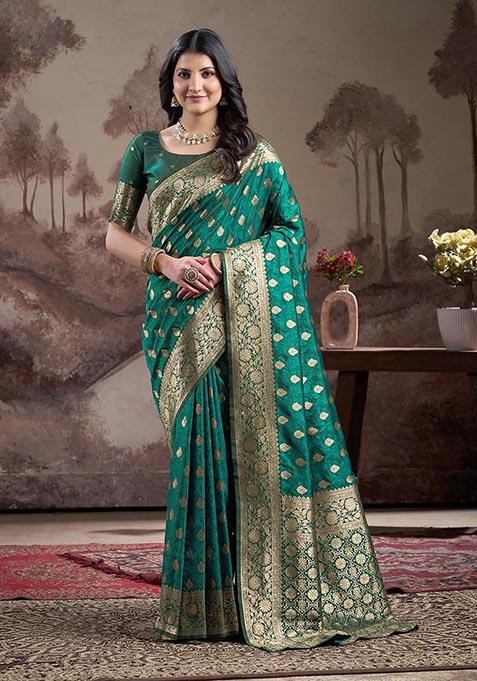 Rama Blue Zari Woven Lichi Silk Saree Set