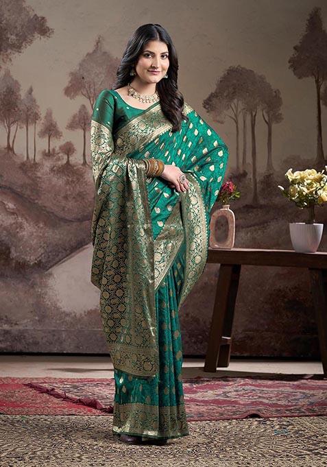 Rama Blue Zari Woven Lichi Silk Saree Set