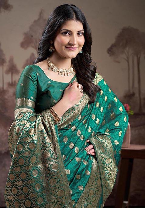 Rama Blue Zari Woven Lichi Silk Saree Set