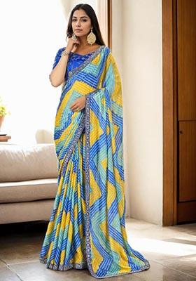 Blue Bandhani Digital Print Chinon Saree Set
