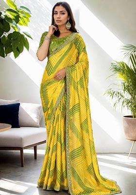 Yellow Bandhani Digital Print Chinon Saree Set