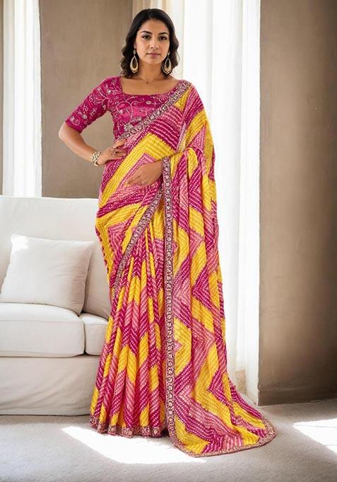 Pink Bandhani Digital Print Chinon Saree Set